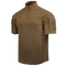 The Condor Short Sleeve Combat Shirt Gen II in Tan features a quarter-zip collar, chest seam, and zippered shoulder pockets. Its lightweight, moisture-wicking fabric is ideal for demanding conditions.